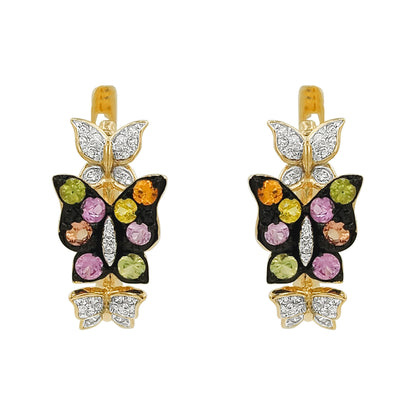 14K Gold Sapphire Light Brown Diamond Butterfly Earrings, Black Plating