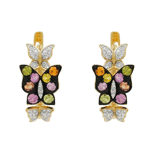 14K Gold Sapphire Light Brown Diamond Butterfly Earrings, Black Plating