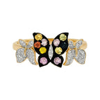 14K Gold Multicolor Sapphire Butterfly Ring, Light Brown Diamond Accent, Black Plating