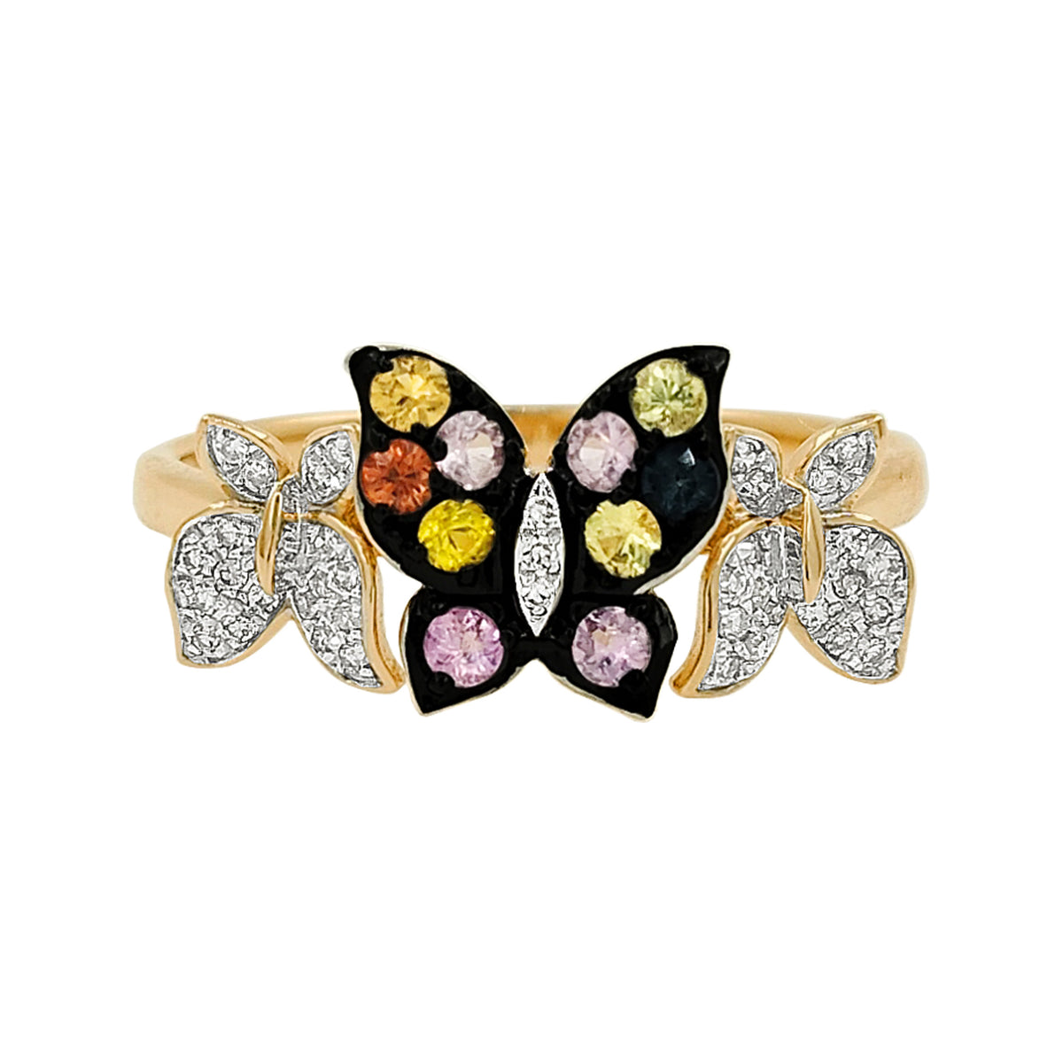 14K Gold Multicolor Sapphire Butterfly Ring, Light Brown Diamond Accent, Black Plating