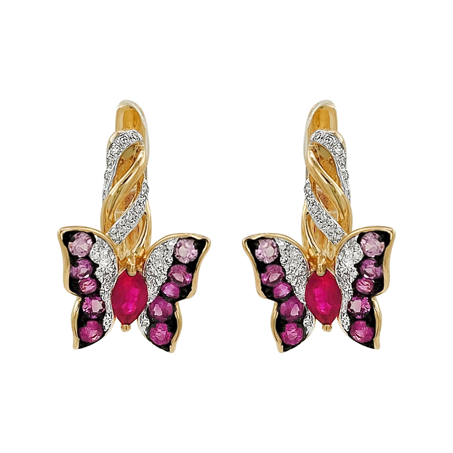 14K Gold Ruby, Sapphire & Light Brown Diamond Butterfly Huggie Earrings