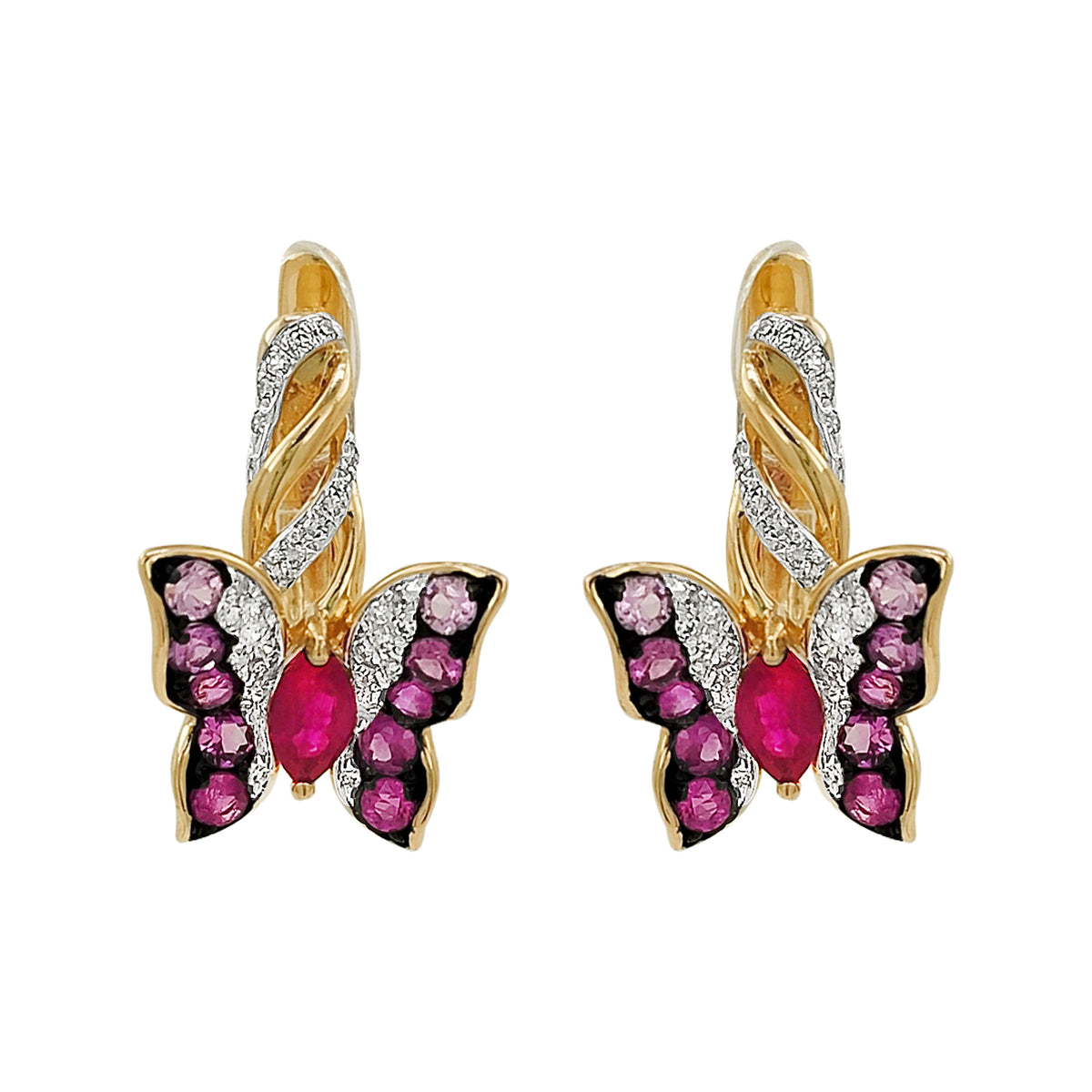 14K Gold Ruby, Sapphire & Light Brown Diamond Butterfly Huggie Earrings