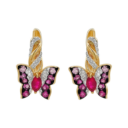 14K Gold Ruby, Sapphire & Light Brown Diamond Butterfly Huggie Earrings