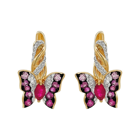 14K Gold Ruby, Sapphire & Light Brown Diamond Butterfly Huggie Earrings