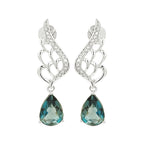 14K White Gold Blue Topaz Light Brown Diamond Angel Wing Earrings