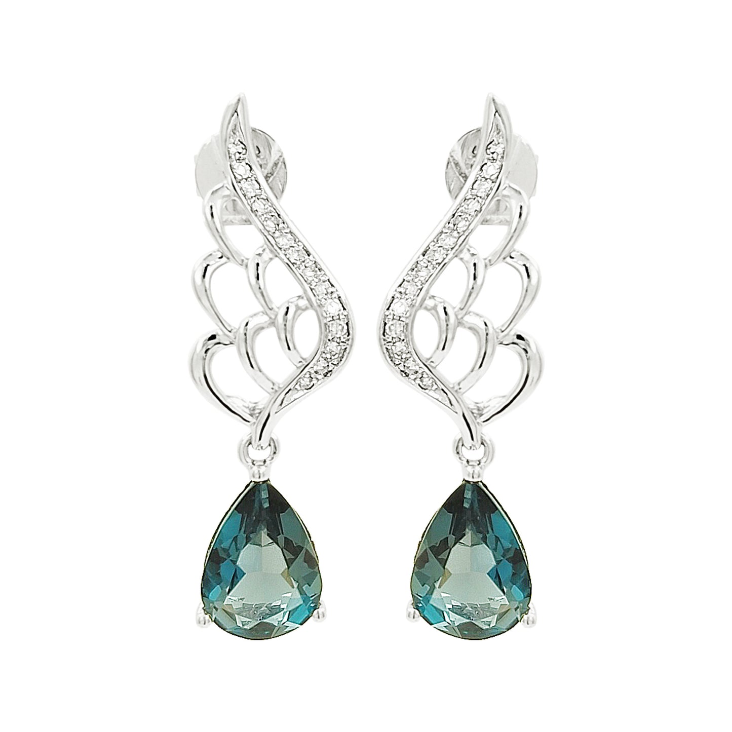14K White Gold Blue Topaz Light Brown Diamond Angel Wing Earrings