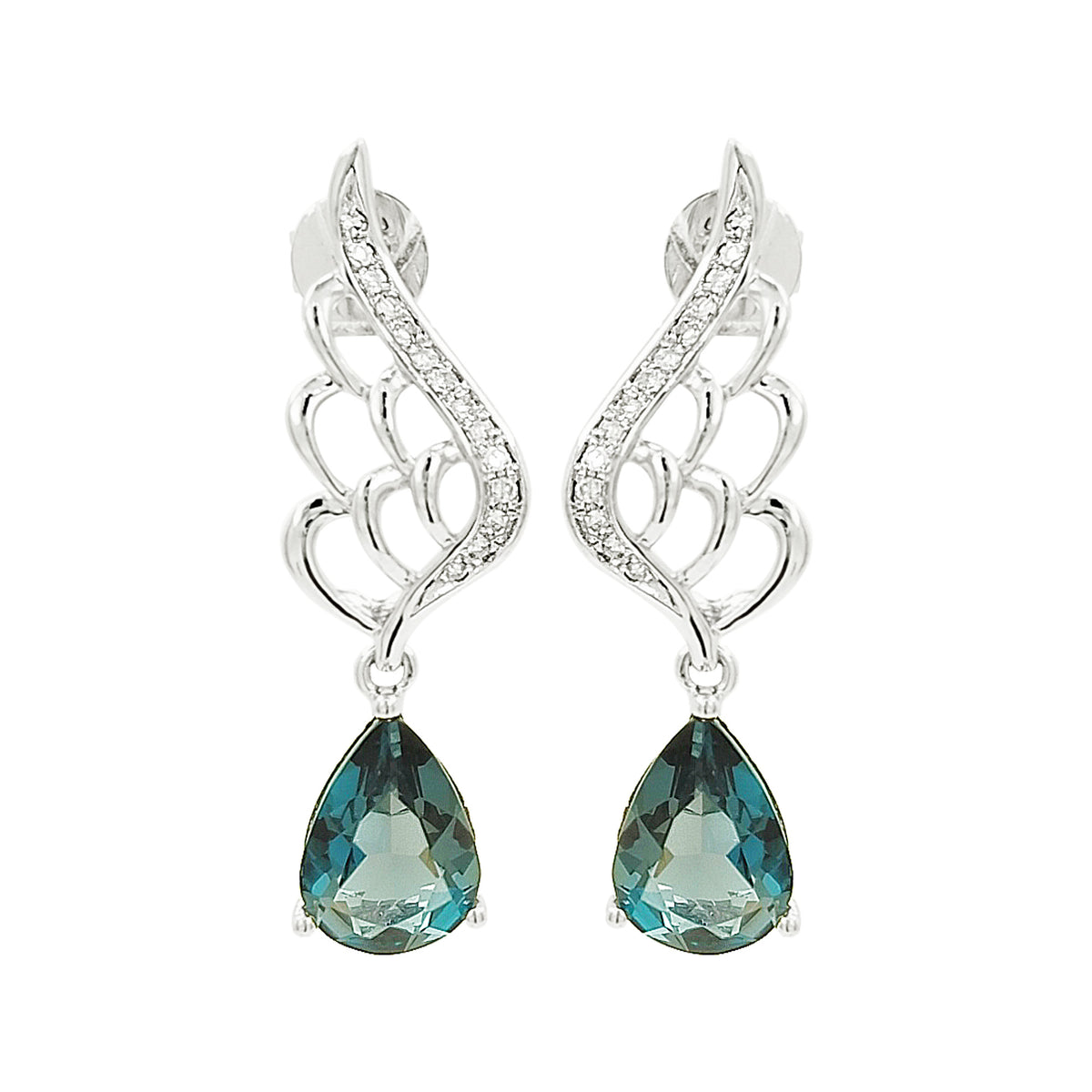 14K White Gold Blue Topaz Light Brown Diamond Angel Wing Earrings