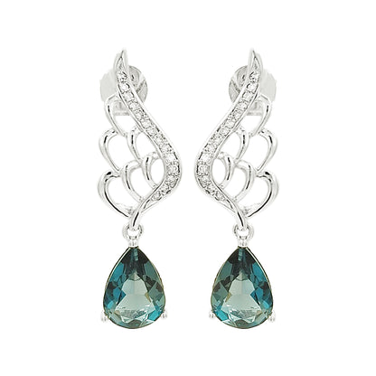 14K White Gold Blue Topaz Light Brown Diamond Angel Wing Earrings