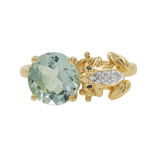 14K Gold Frog Ring, Aquamarine, White & Black Light Brown Diamond Accents
