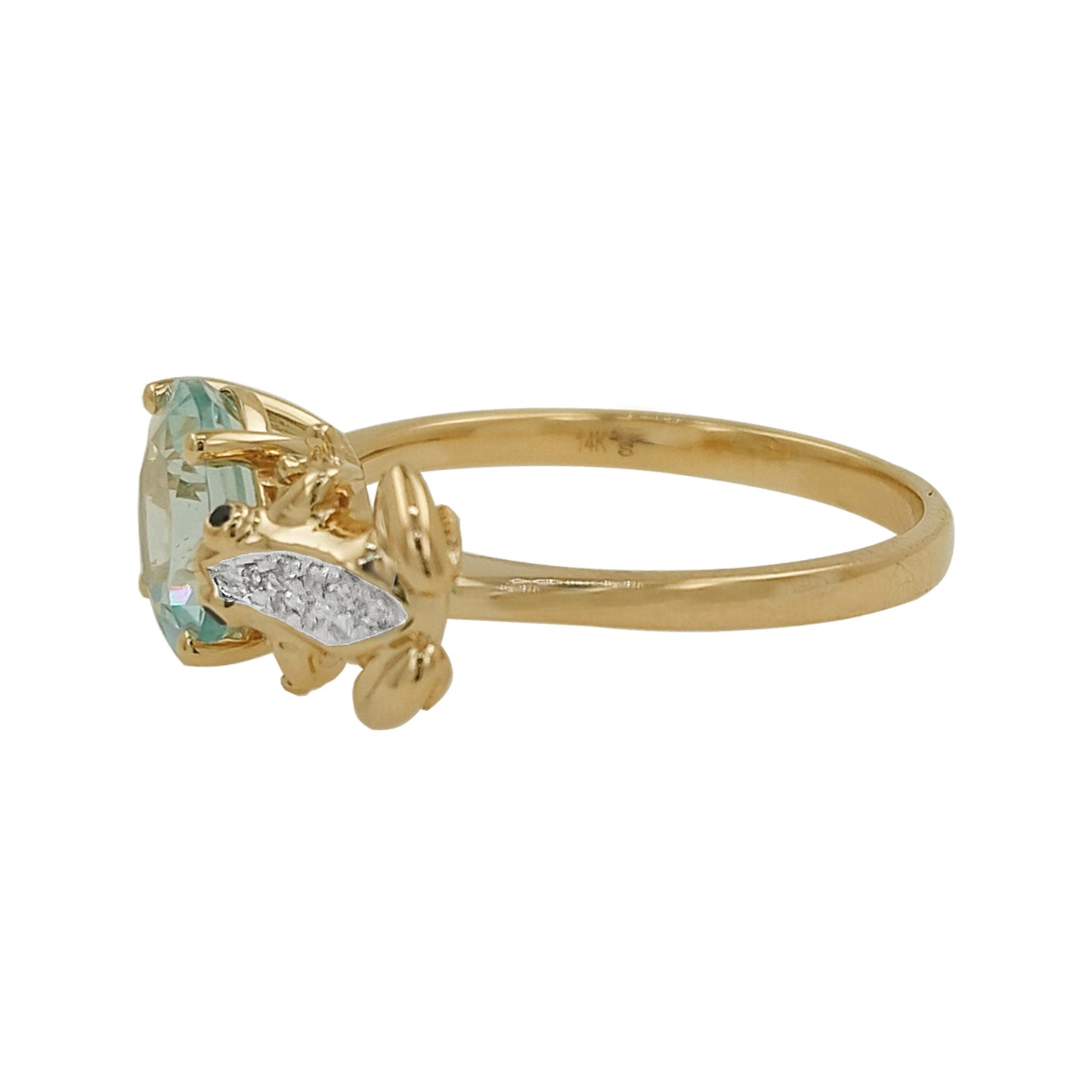 14K Gold Frog Ring, Aquamarine, White & Black Light Brown Diamond Accents