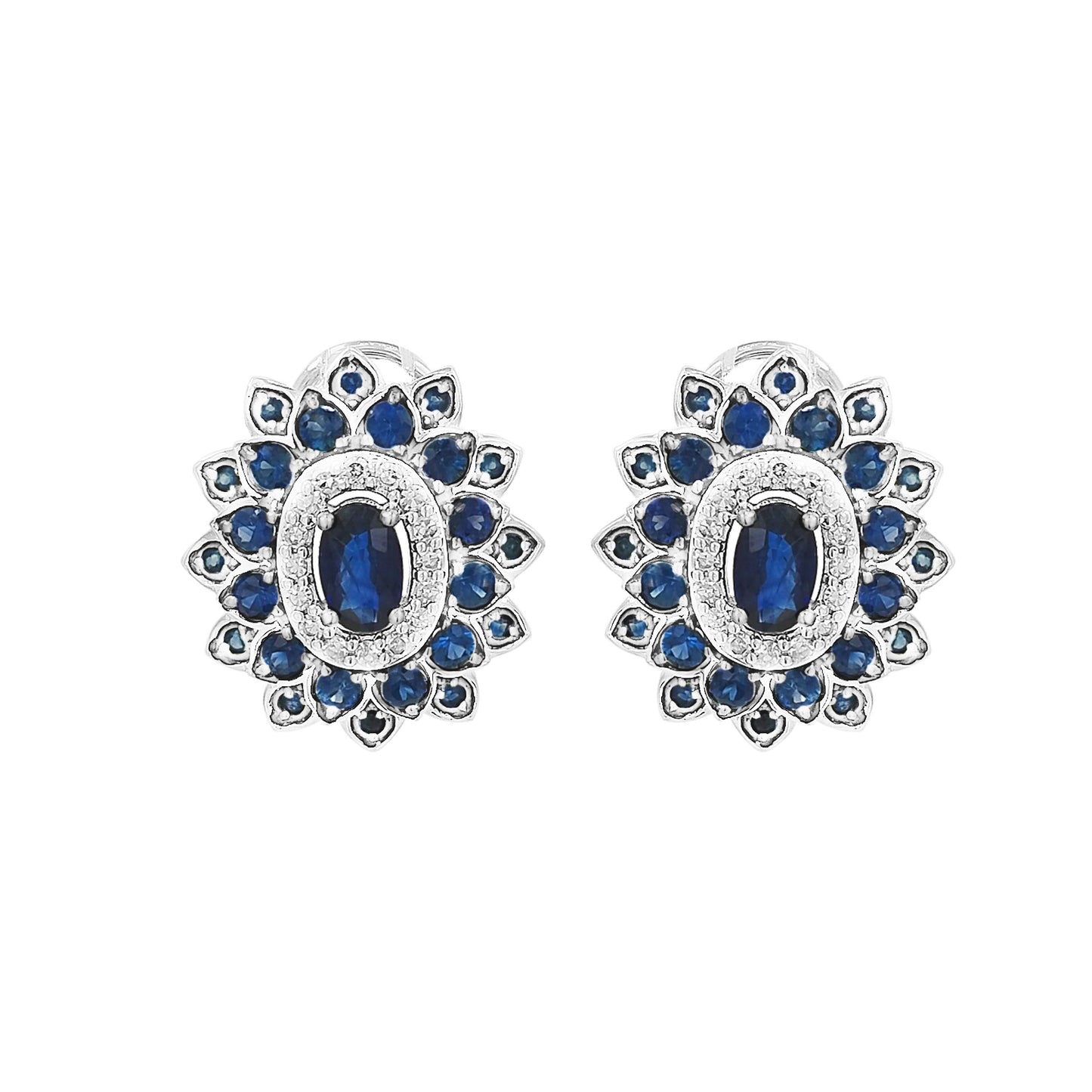14K White Gold Blue Sapphire Light Brown Diamond Flower Stud Earrings