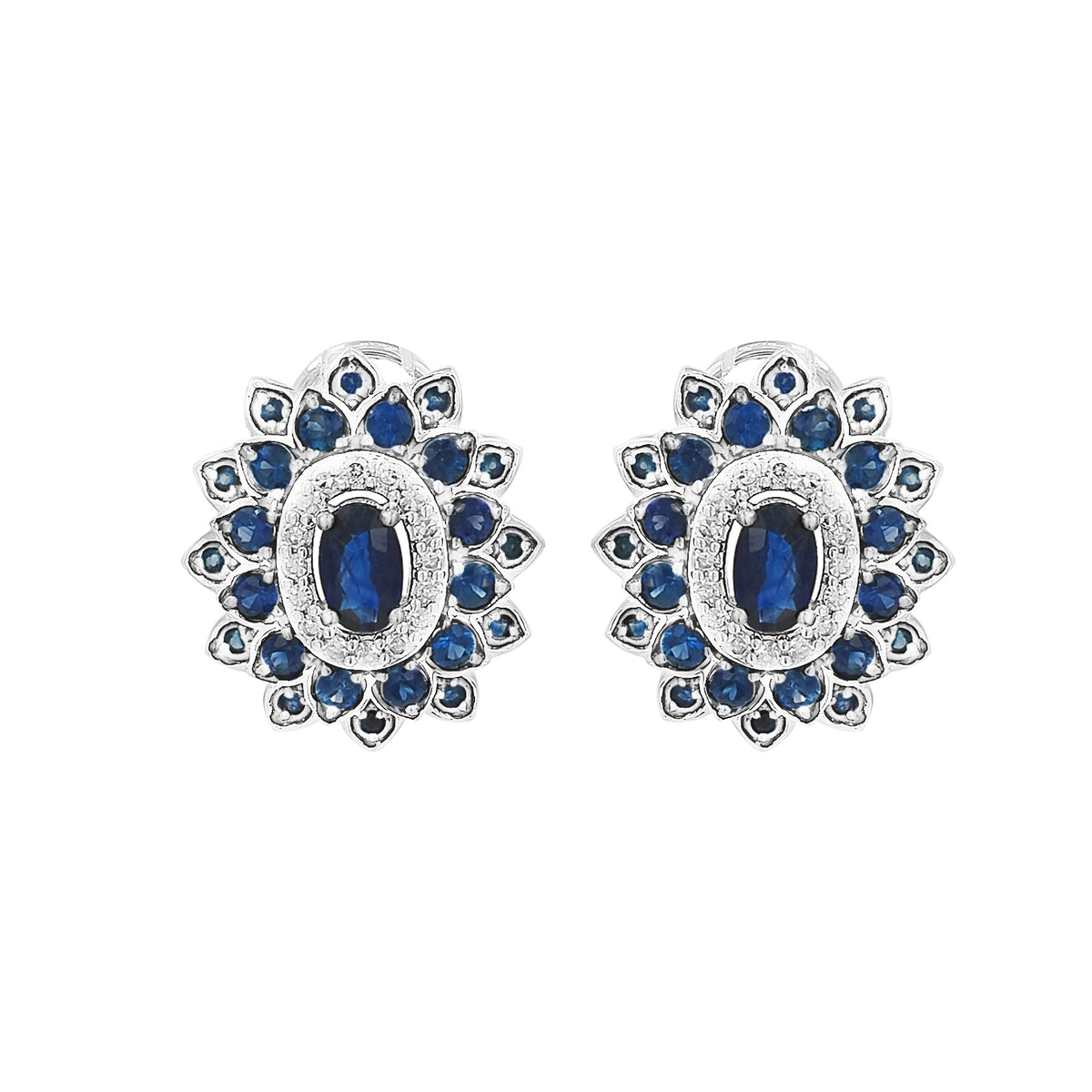 14K White Gold Blue Sapphire Light Brown Diamond Flower Stud Earrings