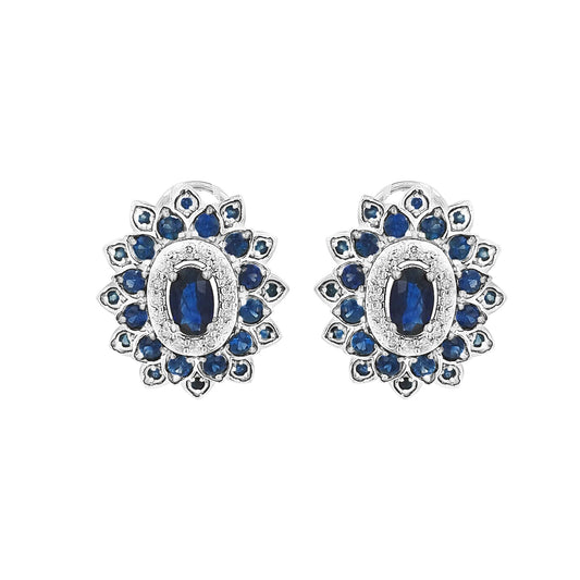 14K White Gold Blue Sapphire Light Brown Diamond Flower Stud Earrings