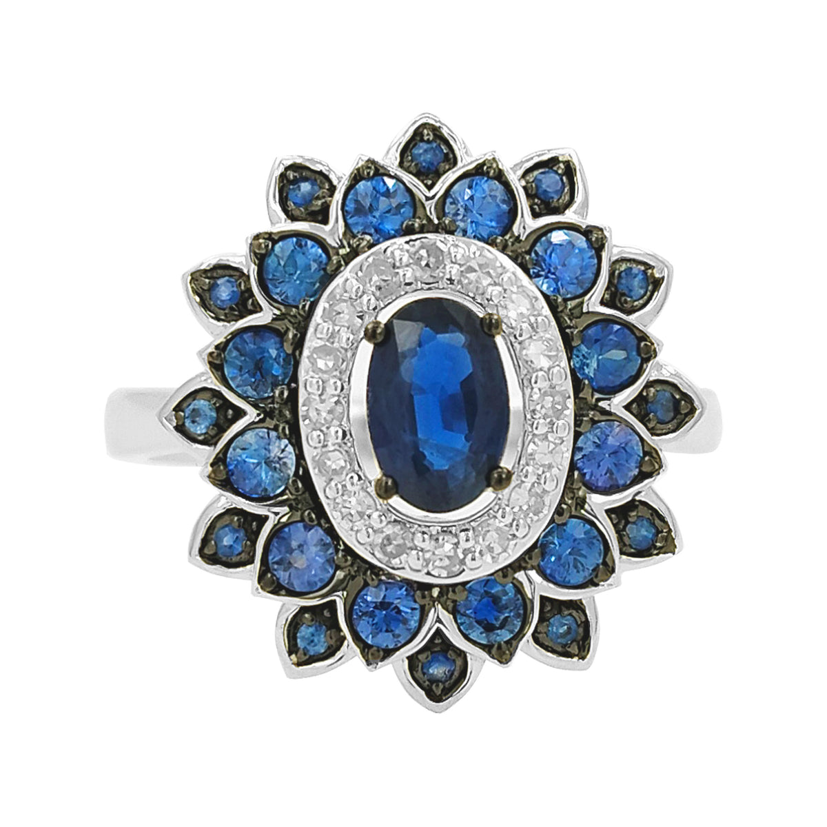 14K Gold Blue Sapphire Flower Ring, Light Brown Diamond Halo, September Birthstone