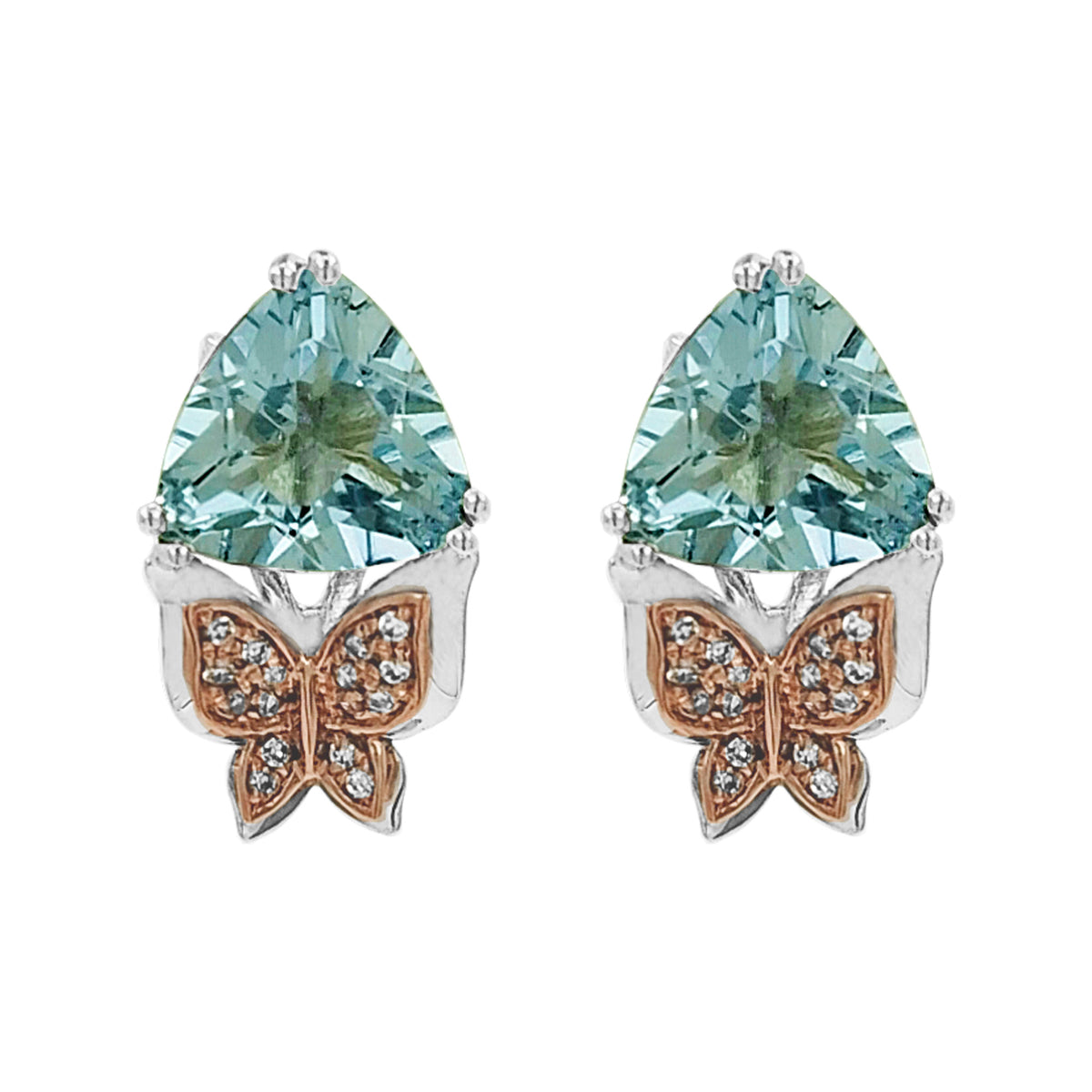 14K Gold Butterfly Aquamarine Light Brown Diamond Earrings | Trillion Cut Dangle