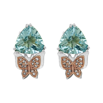 14K Gold Butterfly Aquamarine Light Brown Diamond Earrings | Trillion Cut Dangle
