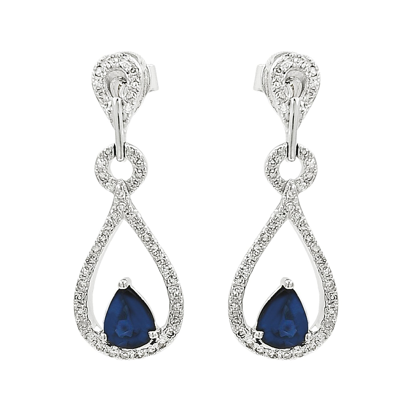 14K White Gold Sapphire Light Brown Diamond Butterfly Teardrop Earrings