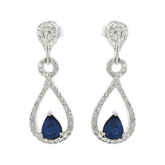 14K White Gold Sapphire Light Brown Diamond Butterfly Teardrop Earrings