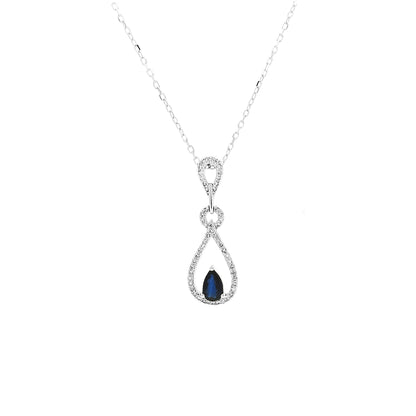 14K White Gold Sapphire Teardrop Pendant Necklace | Light Brown Diamond Halo