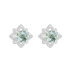 14K White Gold Aquamarine Light Brown Diamond Floral Stud Earrings, Bridal Jewelry