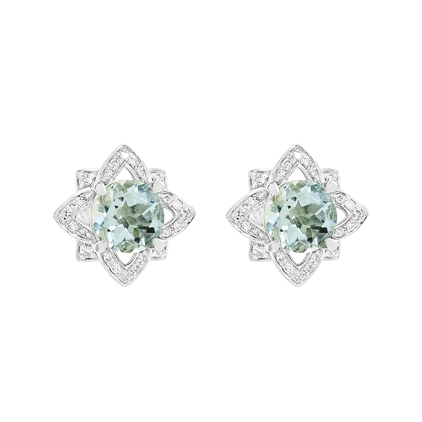 14K White Gold Aquamarine Light Brown Diamond Floral Stud Earrings, Bridal Jewelry