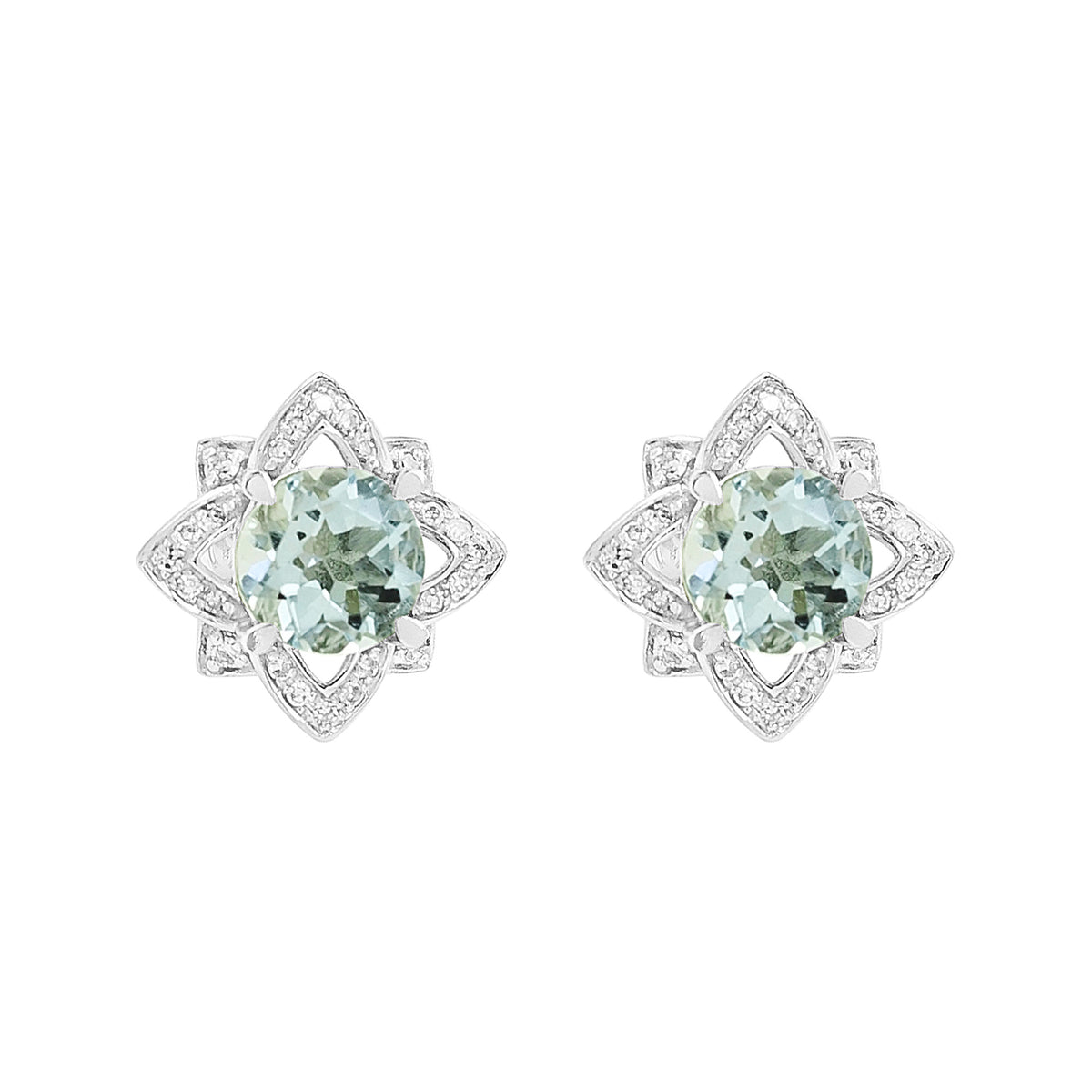 14K White Gold Aquamarine Light Brown Diamond Floral Stud Earrings, Bridal Jewelry