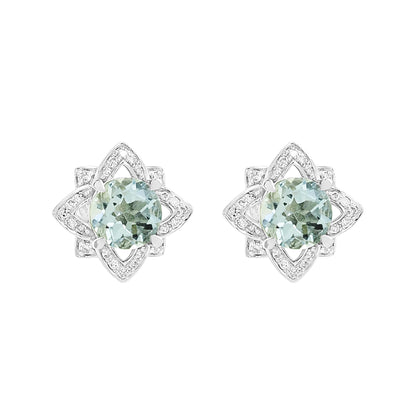 14K White Gold Aquamarine Light Brown Diamond Floral Stud Earrings, Bridal Jewelry