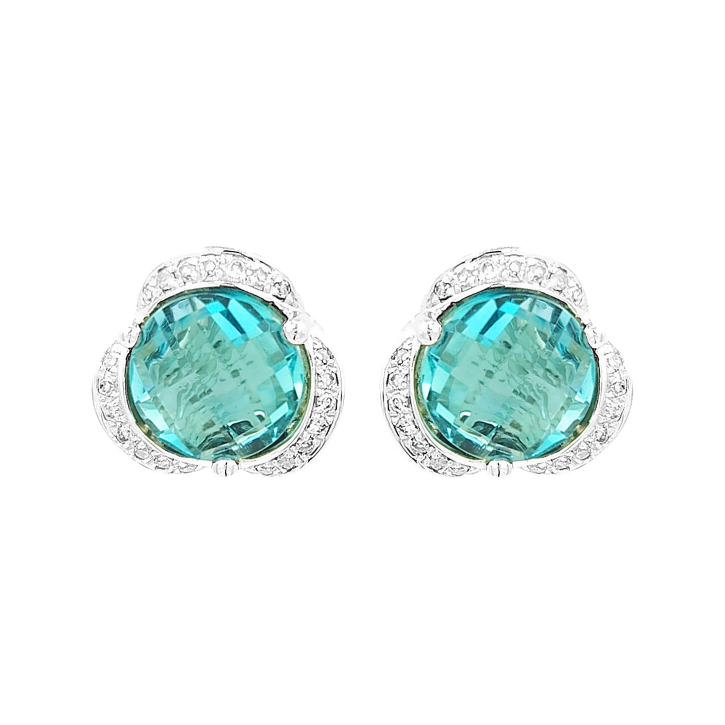 14K White Gold London Blue Topaz & Light Brown Diamond Halo Stud Earrings | Birthstone Jewelry