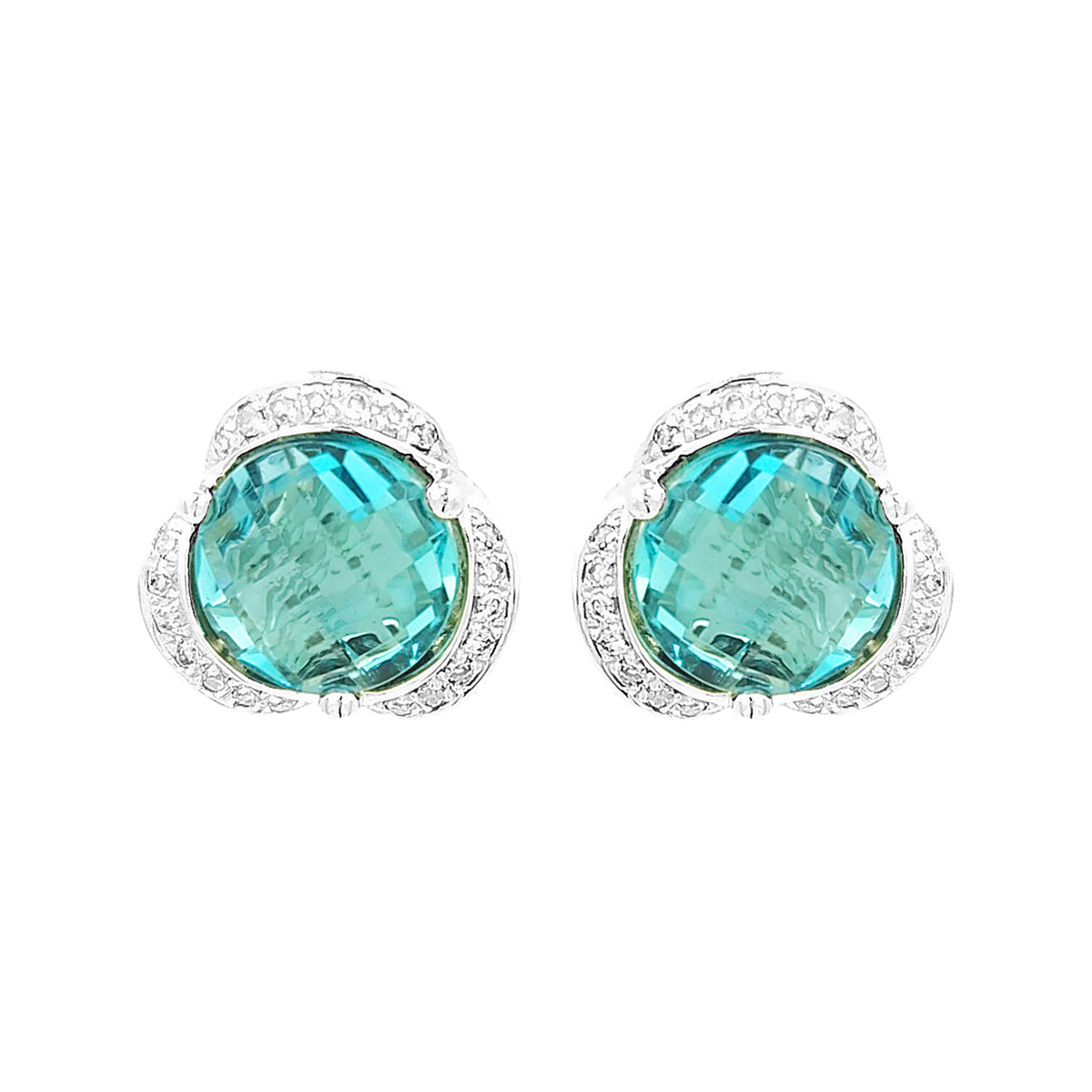 14K White Gold London Blue Topaz & Light Brown Diamond Halo Stud Earrings | Birthstone Jewelry