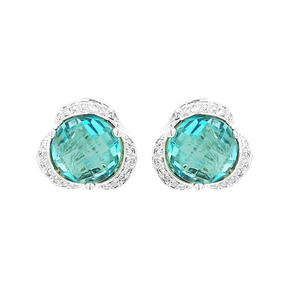 14K White Gold London Blue Topaz & Light Brown Diamond Halo Stud Earrings | Birthstone Jewelry