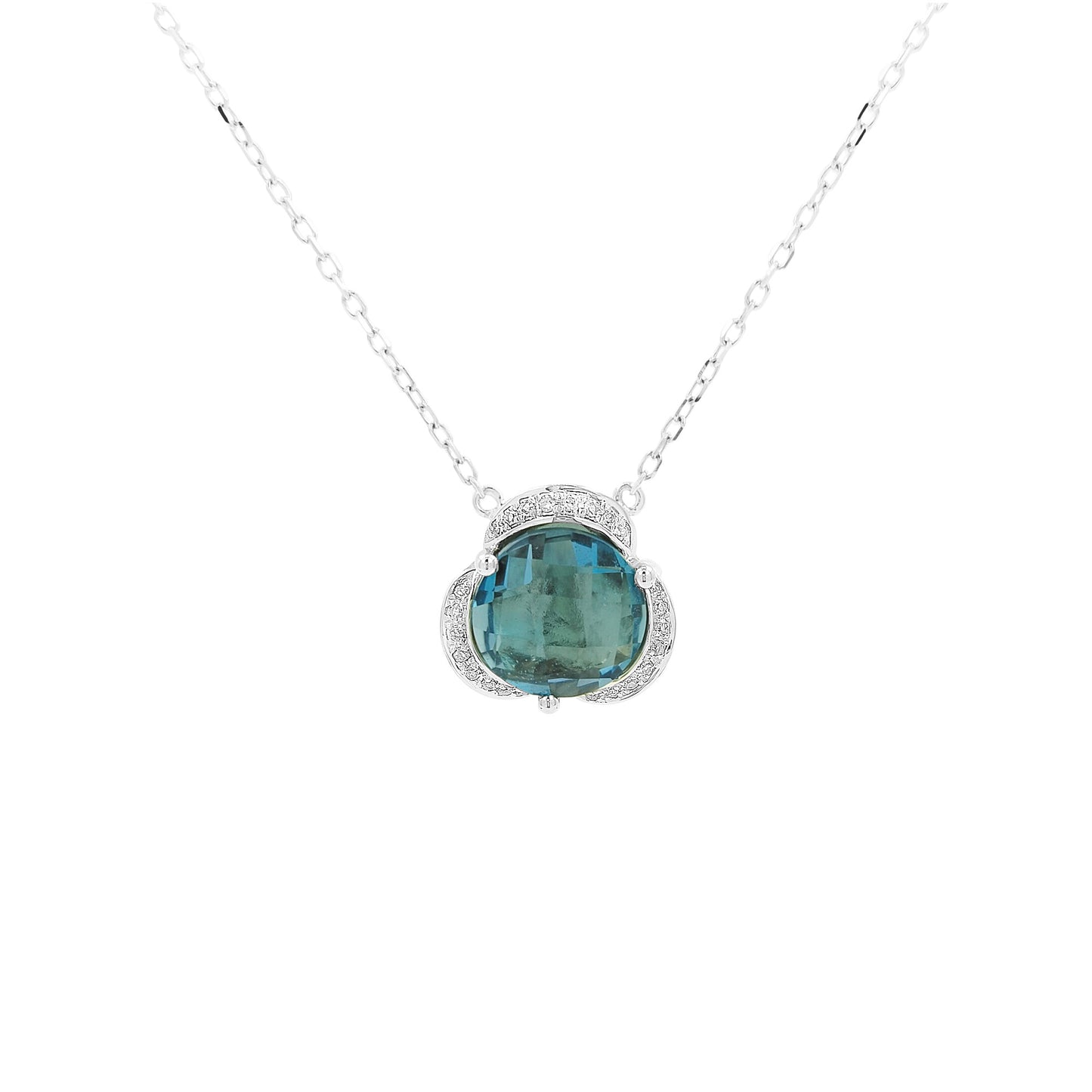 14K White Gold London Blue Topaz | Light Brown Diamond Halo Pendant, 18 Inch
