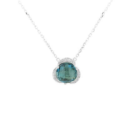 14K White Gold London Blue Topaz | Light Brown Diamond Halo Pendant, 18 Inch