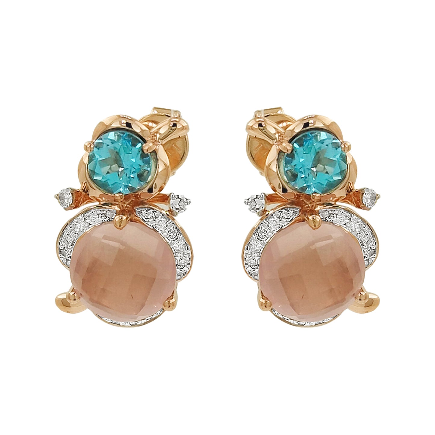 14K Rose Gold Diamond Earrings, Blue Topaz & Rose Quartz Dangle Studs
