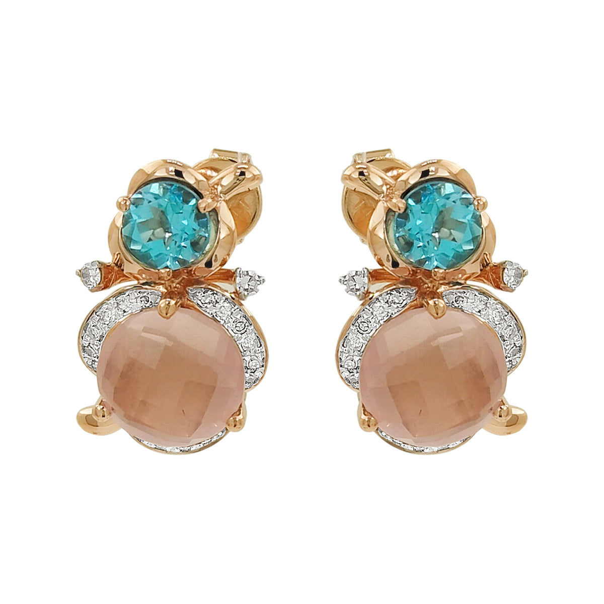 14K Rose Gold Diamond Earrings, Blue Topaz & Rose Quartz Dangle Studs