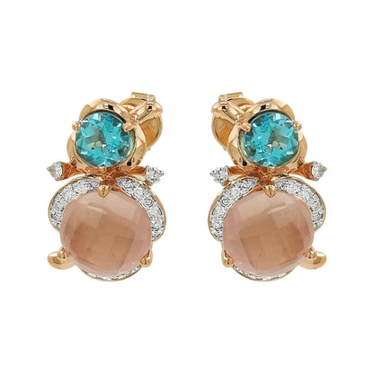 14K Rose Gold Diamond Earrings, Blue Topaz & Rose Quartz Dangle Studs
