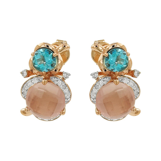 14K Rose Gold Diamond Earrings, Blue Topaz & Rose Quartz Dangle Studs