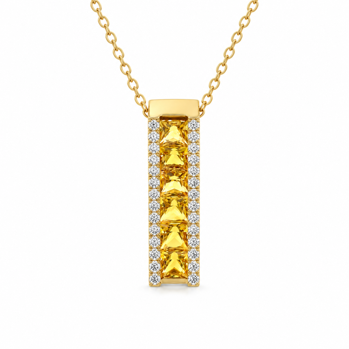 14K Yellow Gold Princess Cut Sapphire(1CTW) & Round Cut Diamond(1/10CTW) Bar Pendant with18Inch adjustable chain