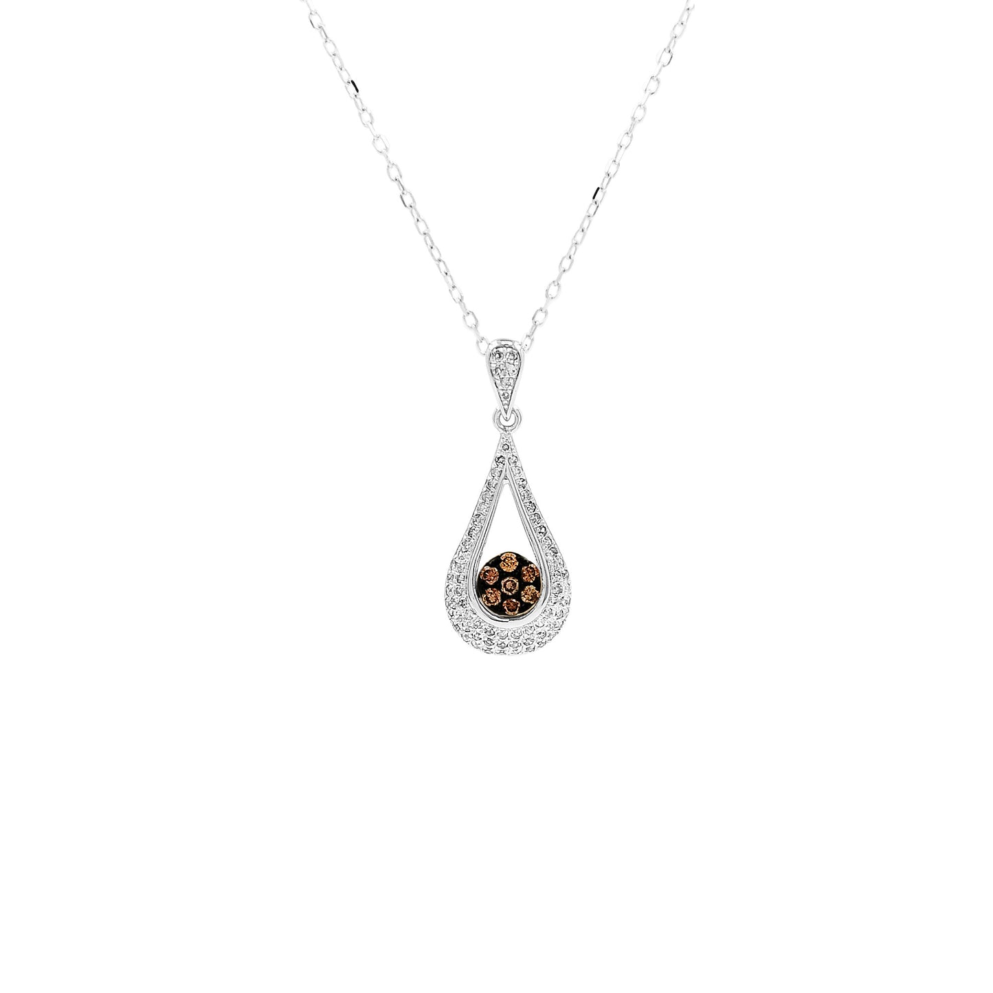 14K Gold Teardrop Diamond Pendant Necklace, Chocolate Brown & White Diamonds