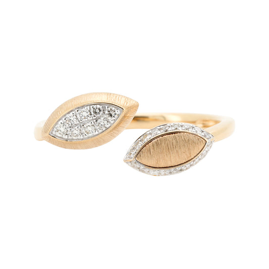 14K Gold Marquise Shape Open Bypass Ring, 1/10 CTW Diamond Leaf Wedding Band, Satin Finish Toi et Moi Jewelry, Dainty Anniversary Gift