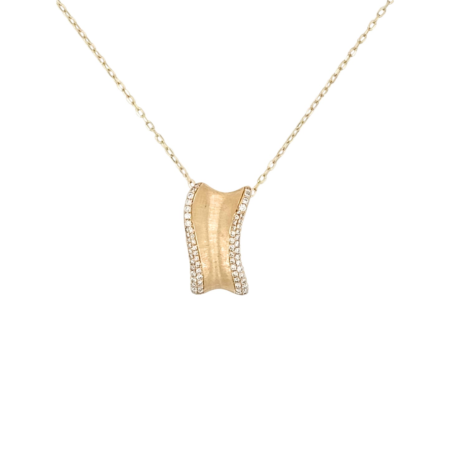14K Yellow Gold Diamond Pendant Necklace, Wavy Satin Finish, 18 Inch Chain