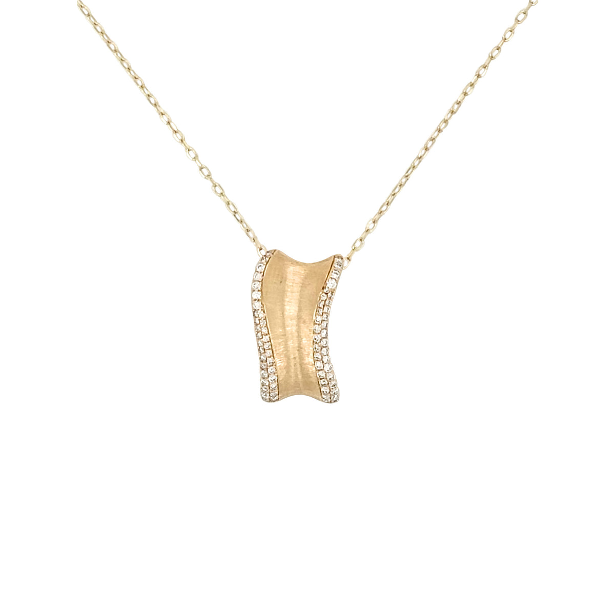 14K Yellow Gold Diamond Pendant Necklace, Wavy Satin Finish, 18 Inch Chain