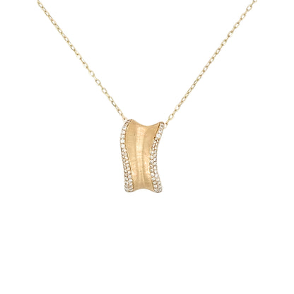 14K Yellow Gold Diamond Pendant Necklace, Wavy Satin Finish, 18 Inch Chain