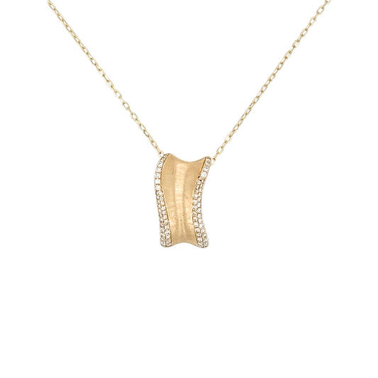 14K Yellow Gold Diamond Pendant Necklace, Wavy Satin Finish, 18 Inch Chain
