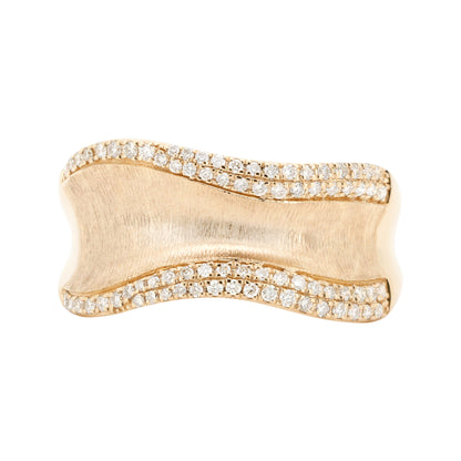 14K Solid Yellow Gold Diamond Band Wavy Wide Cigar Ring Round Cut Satin Finish Statement Wedding Anniversary Gift For Her Fine Jewelry