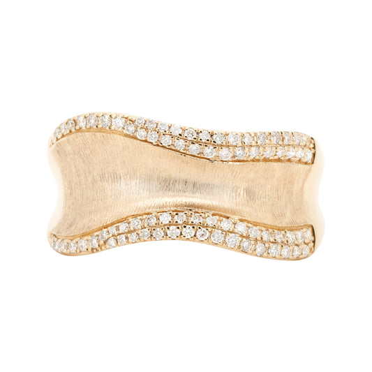 14K Solid Yellow Gold Diamond Band Wavy Wide Cigar Ring Round Cut Satin Finish Statement Wedding Anniversary Gift For Her Fine Jewelry
