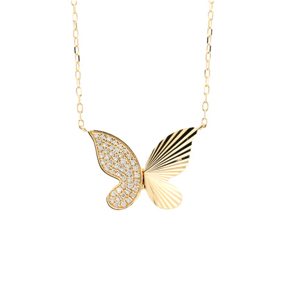 14K Gold Diamond Butterfly Necklace, Nature Pendant, 18 Inch Chain