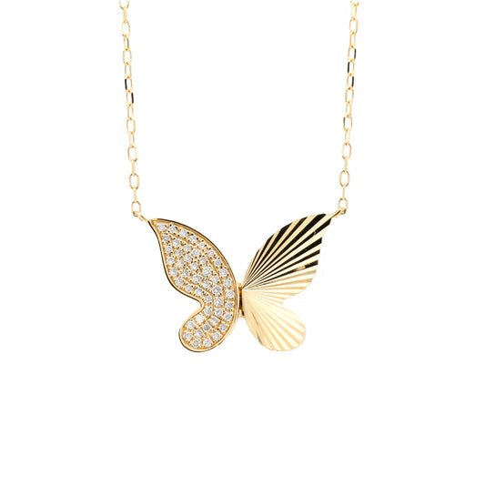 14K Gold Diamond Butterfly Necklace, Nature Pendant, 18 Inch Chain