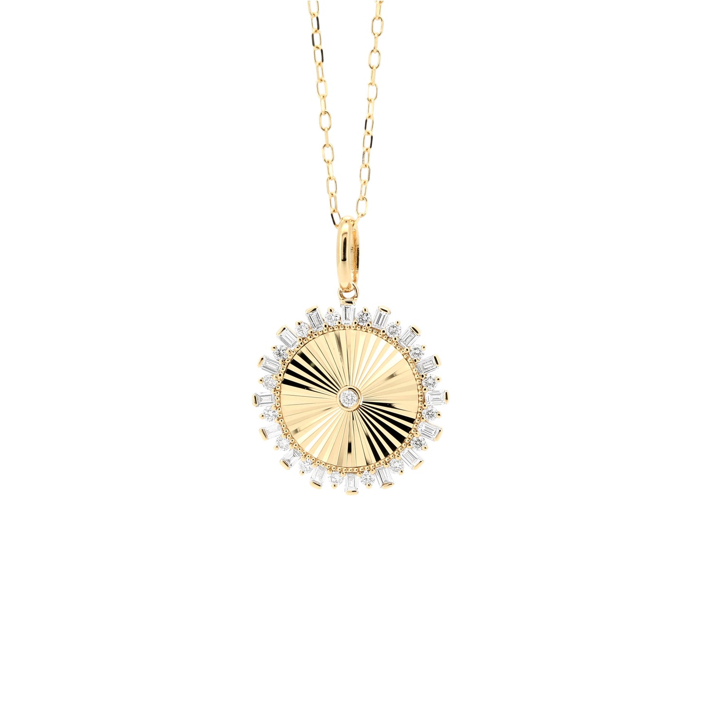 14K Gold Diamond Sunburst Medallion Necklace, Round & Baguette Cut, 18 Inch Chain