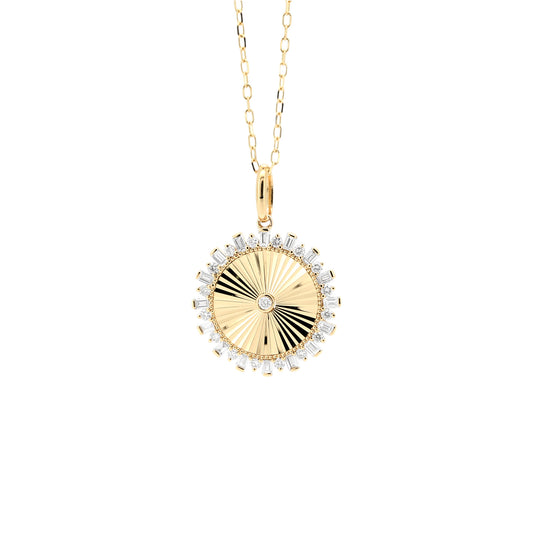 14K Gold Diamond Sunburst Medallion Necklace, Round & Baguette Cut, 18 Inch Chain