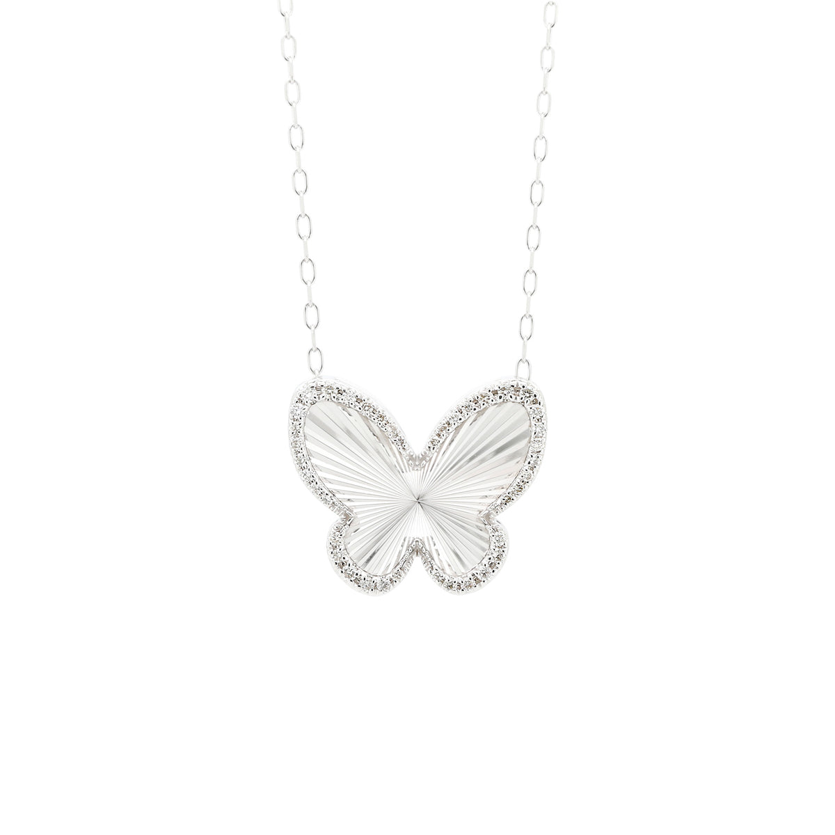 14K White Gold Diamond Butterfly Pendant Necklace, Turquoise Blue Back, 18 Inch Adjustable Chain